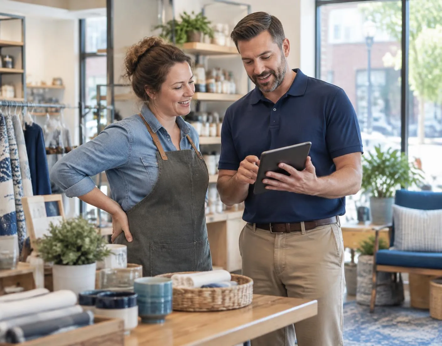 A local business owner reviewing connectivity options with a Frontline representative